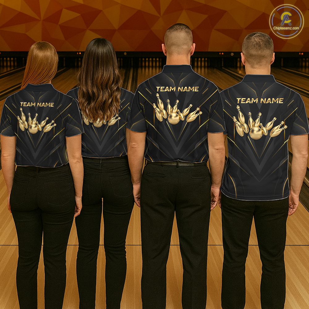 Four people wearing bowling team shirts with 'Team Name' on a bowling alley.