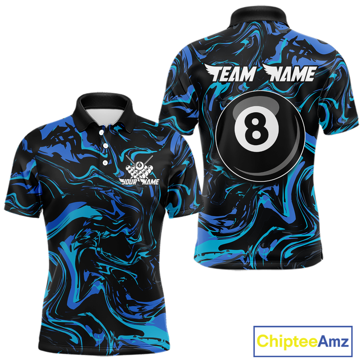 Front and back views of a men’s black billiards polo with turquoise and teal marble patterns, custom team text, and a large 8-ball graphic on the back.