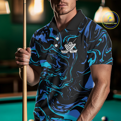 Man wearing a black billiards polo with teal and turquoise marble swirls, a custom chest name logo, and a pool table in the background.