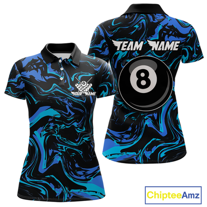Front and back views of a women’s black billiards polo with turquoise and teal marble patterns, custom team text, and a large 8-ball graphic on the back.