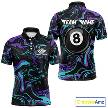 Load image into Gallery viewer, Front and back views of a men’s black billiards polo with purple and teal marble patterns, custom team text, and a large 8-ball graphic on the back.