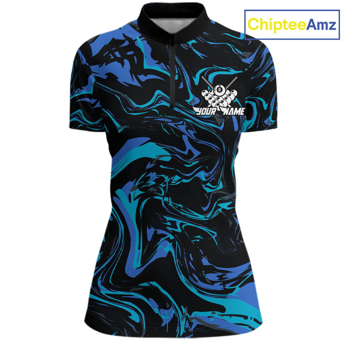 Front and back views of a women’s black billiards quarter zip with turquoise and teal marble patterns, custom team text, and a large 8-ball graphic on the back.