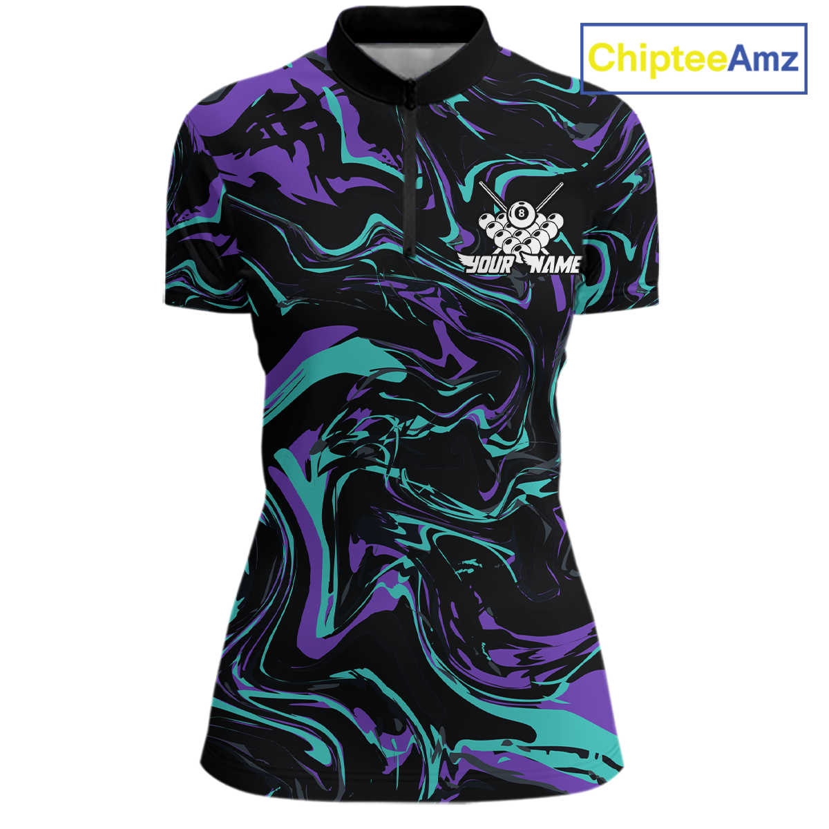Front and back views of a women’s black billiards quarter zip with purple and teal marble patterns