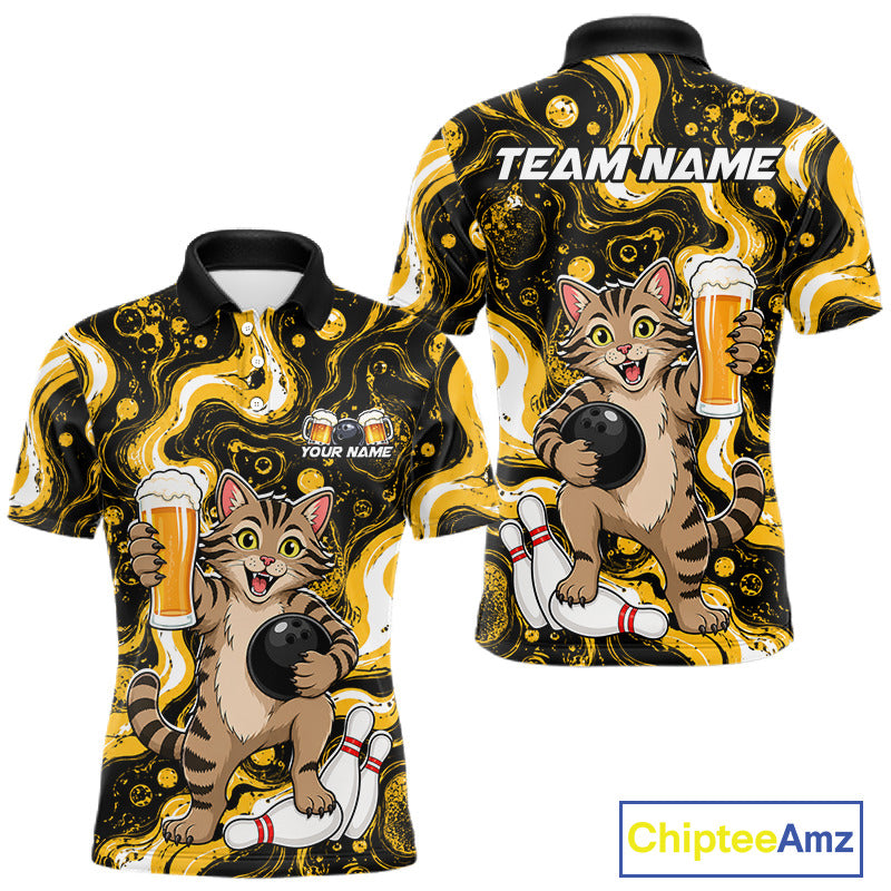 A short-sleeve polo shirt shown from both front and back, featuring a cartoon cat bowling with beer glasses, on a black and yellow abstract background. The front has a small 'YOUR NAME' placeholder print, and the back has 'TEAM NAME' placeholder text.