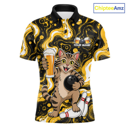 A short-sleeve polo shirt with a black collar and a bold yellow, black, and white marbled pattern, featuring a cartoon tabby cat holding a beer glass and bowling ball with bowling pins. The shirt has a customizable text area reading 'YOUR NAME' and a visible 'ChipteeAmz' logo in the top right corner.