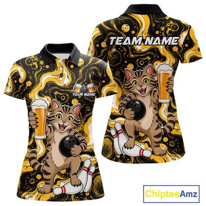 A short-sleeve polo shirt shown from the front and back, featuring a cartoon tabby cat bowling with beer glasses and bowling pins on a black and yellow marbled background. The front has placeholder text reading 'YOUR NAME', and the back has 'TEAM NAME'.