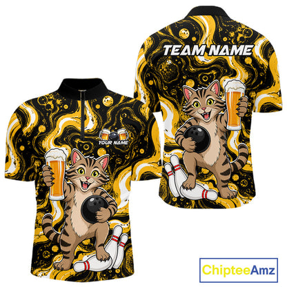 A short-sleeve collared shirt shown from the front and back, featuring a cartoon tabby cat bowling with foam beer mugs, white bowling pins, and a black-and-yellow swirling abstract background. The front has small placeholder text, and the back has large 'TEAM NAME' text.