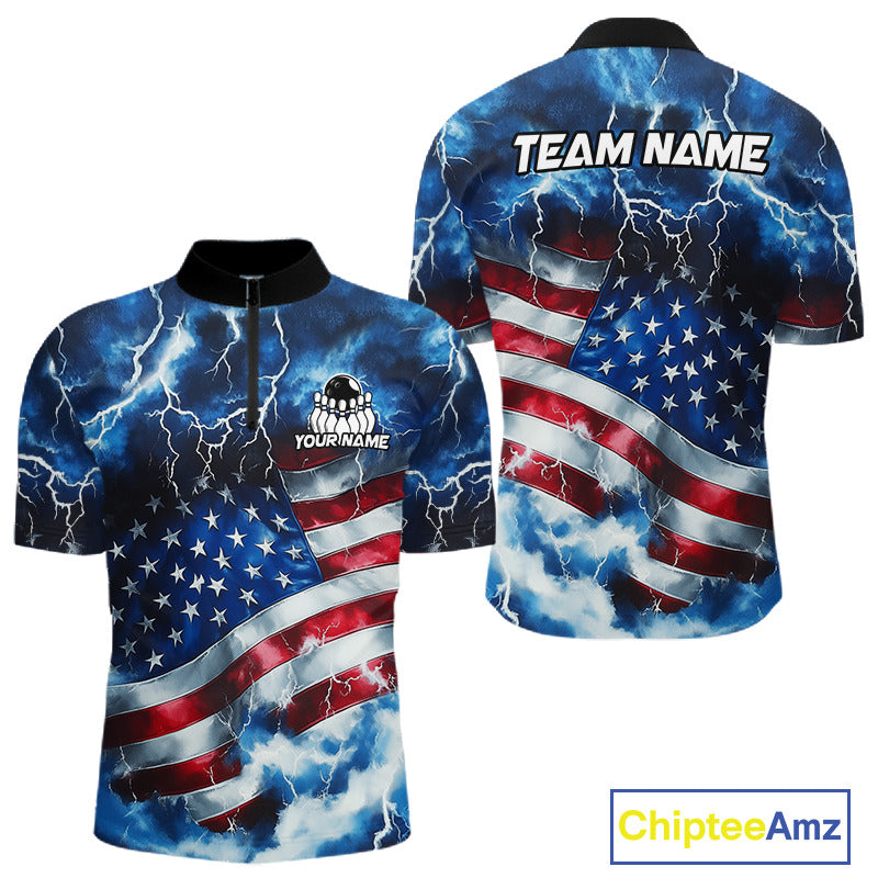 Custom short-sleeve polo shirt shown from the front and back, featuring a blue lightning and storm cloud design over an American flag pattern. The front has a black collar and a partial black zipper, with a customizable chest graphic.