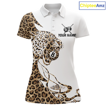 Load image into Gallery viewer, Front views of a white billiards polo with leopard-print panels, a roaring leopard graphic, custom team text, and 8-ball details.