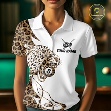Load image into Gallery viewer, Woman wearing a white polo shirt with leopard 8 ball print design on a billiards table.