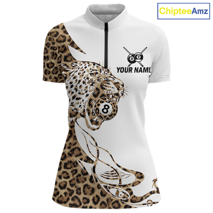 Front views of a white billiards quarter zip with leopard-print panels, a roaring leopard graphic, custom team text, and 8-ball details.