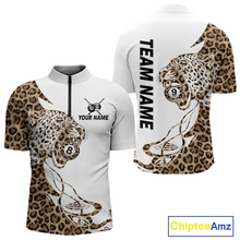 Load image into Gallery viewer, Front and back views of a white billiards quarter zip with leopard-print panels, a roaring leopard graphic, custom team text, and 8-ball and 9-ball details.