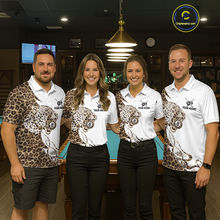 Load image into Gallery viewer, Four people wearing matching shirts with a leopard print design in a bar setting.