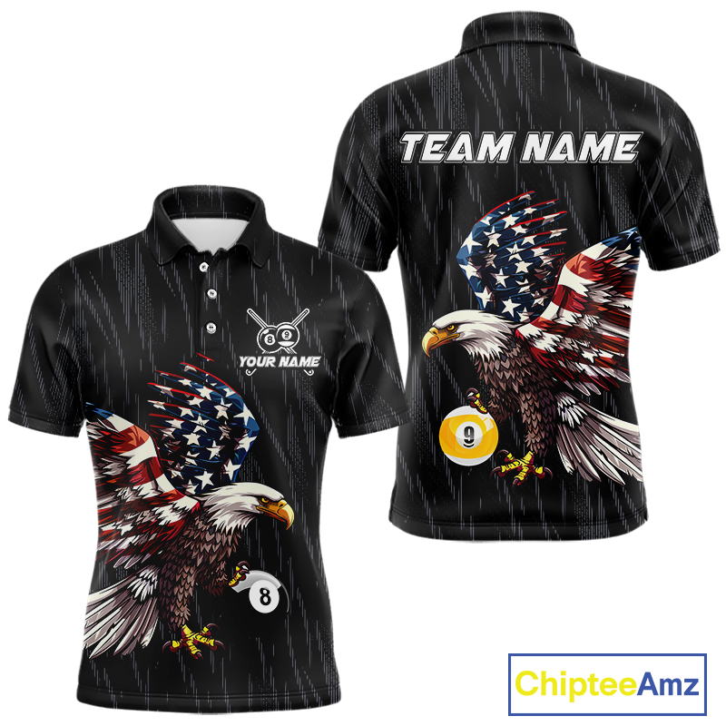 Front and back views of a black billiards polo with a distressed American flag eagle pattern and large 8-ball and 9-ball graphics.