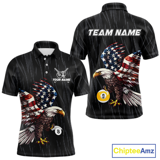 Front and back views of a black billiards polo with a distressed American flag eagle pattern and large 8-ball and 9-ball graphics.