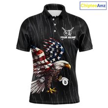 Load image into Gallery viewer, Black polo billiard shirt with American flag eagle 8 ball design and customizable text on a white background