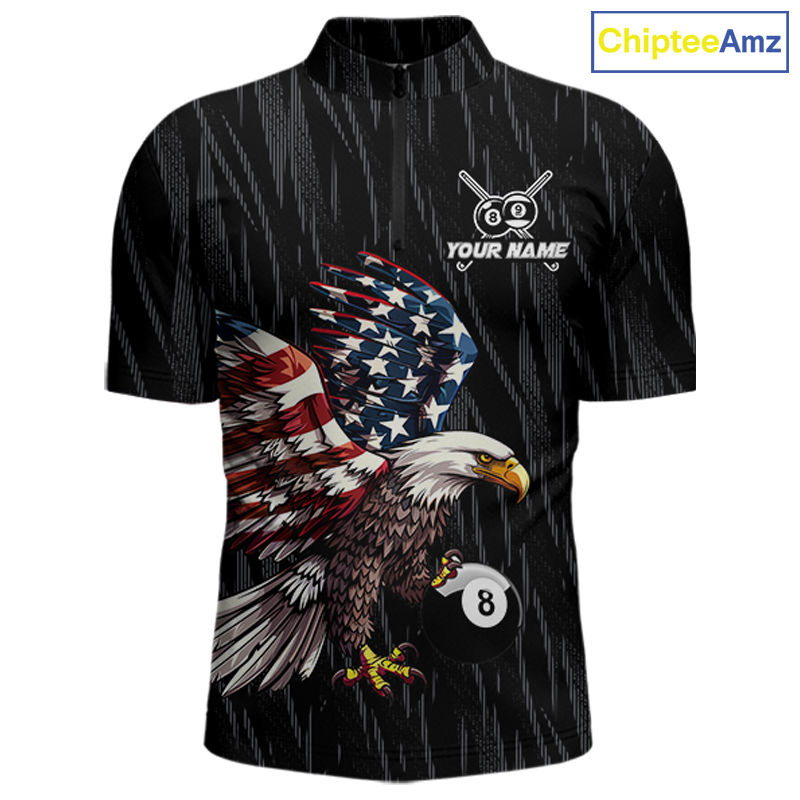 Black quarter zip billiard shirt with American flag eagle 8 ball design and customizable text on a white background