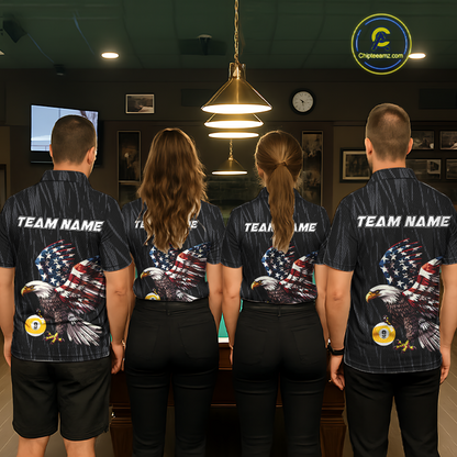Four people wearing american flag eagle 9 ball billiard shirts with a logo in a billiard league