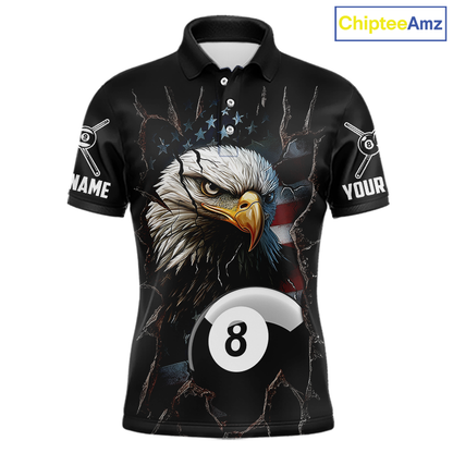 Front views of a black billiards polo featuring a bald eagle graphic, cracked flag background, and large 8-ball designs.