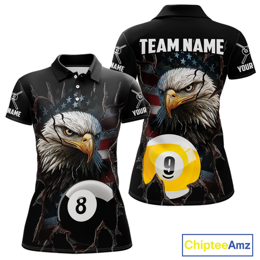 Front and back views of a black billiards polo featuring a bald eagle graphic, cracked flag background, and large 8-ball and 9-ball designs.