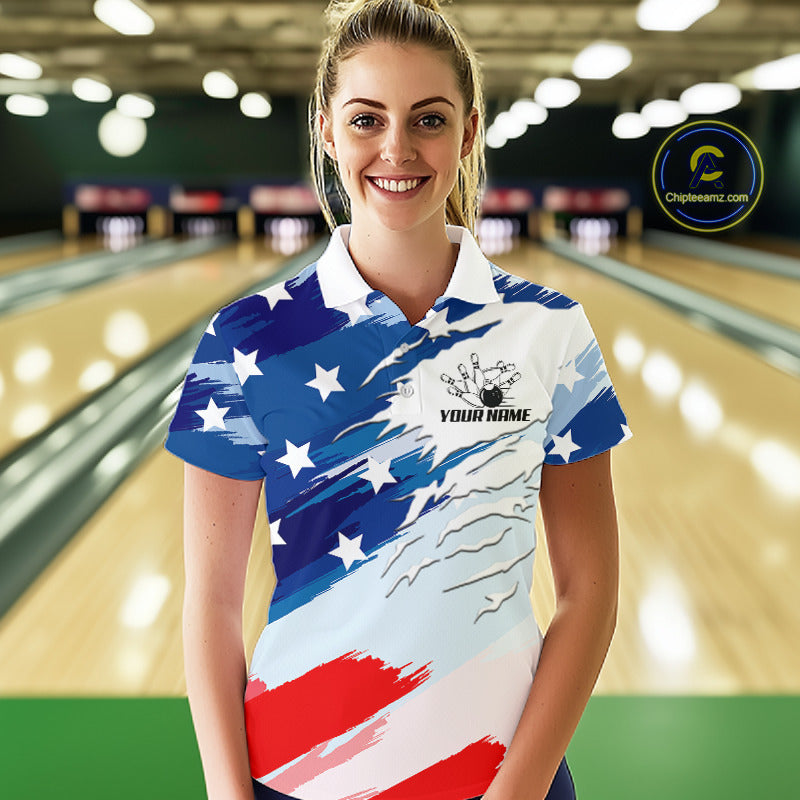 Custom American Flag Bowling Jersey for Women Bowling Team Shirts Patriotic Bowling League HNT460