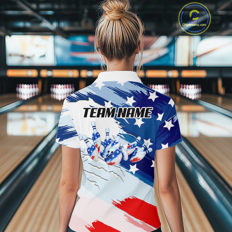 Custom American Flag Bowling Jersey for Women Bowling Team Shirts Patriotic Bowling League HNT460