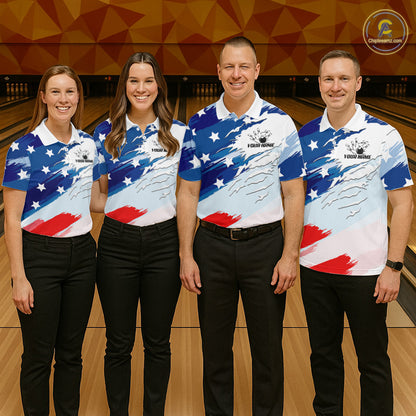 Four people standing together in a bowling alley, wearing matching patriotic-themed bowling shirts with a red, white, and blue American flag design and black pants.