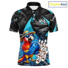 Load image into Gallery viewer, Polo shirt with a colorful parrot design and bowling elements on a white background, branded 'ChipteeAmz'.