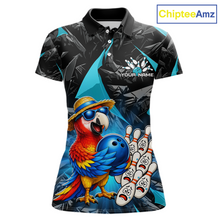 Load image into Gallery viewer, Polo shirt with a parrot design and bowling elements on a white background, branded 'ChipteeAmz'.