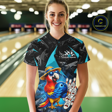 Load image into Gallery viewer, Person wearing a colorful bowling shirt with a parrot design in a bowling alley.