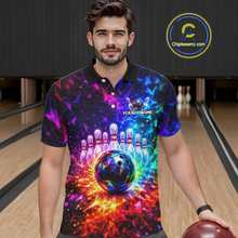Load image into Gallery viewer, Man wearing a colorful bowling-themed shirt with a bowling ball design in a bowling alley.