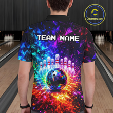 Load image into Gallery viewer, Person wearing a colorful bowling shirt with a design and 'TEAM NAME' text in a bowling alley.