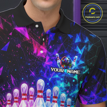 Load image into Gallery viewer, Colorful bowling-themed shirt with geometric design and 'Your Name' text on a dark background.