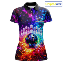Load image into Gallery viewer, Colorful bowling-themed polo shirt with a bowling ball and pins design on a white background, branded 'ChipteeAmz'.