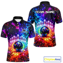 Load image into Gallery viewer, Colorful bowling-themed polo shirt with customizable text on a white background