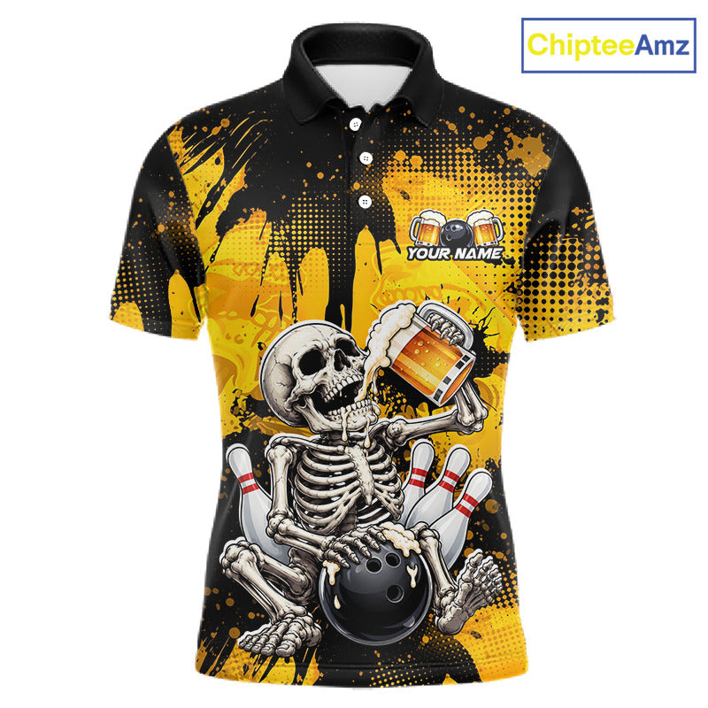 A short-sleeve polo shirt with a black collar and a bold all-over graphic print featuring a skeleton holding a bowling ball and bowling pins, with a beer mug and the text 'YOUR NAME' on the chest. The background of the shirt has a yellow and black splatter pattern.