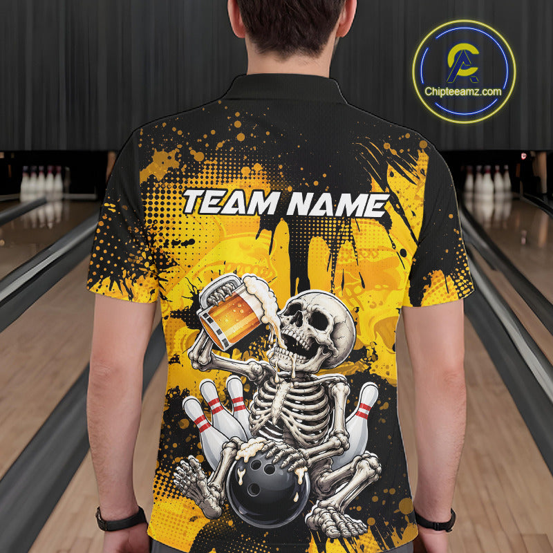 A man viewed from behind wearing a black and yellow short-sleeve bowling-themed graphic shirt with a skeleton holding a beer mug and bowling pins. The shirt features 'TEAM NAME' text on the back.