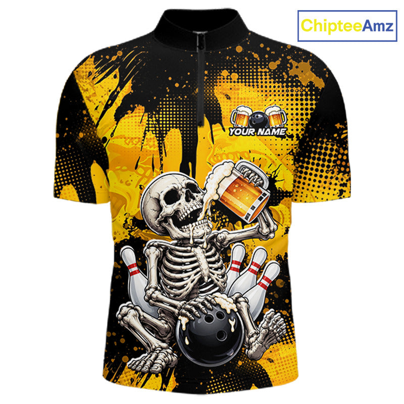 A short-sleeve cycling jersey with a black and yellow paint-splatter background, featuring a large graphic of a skeleton holding a bowling ball and bowling pins. The jersey has a mock neck collar, a front zipper, and a customizable chest area with beer glasses and the text 'YOUR NAME'.