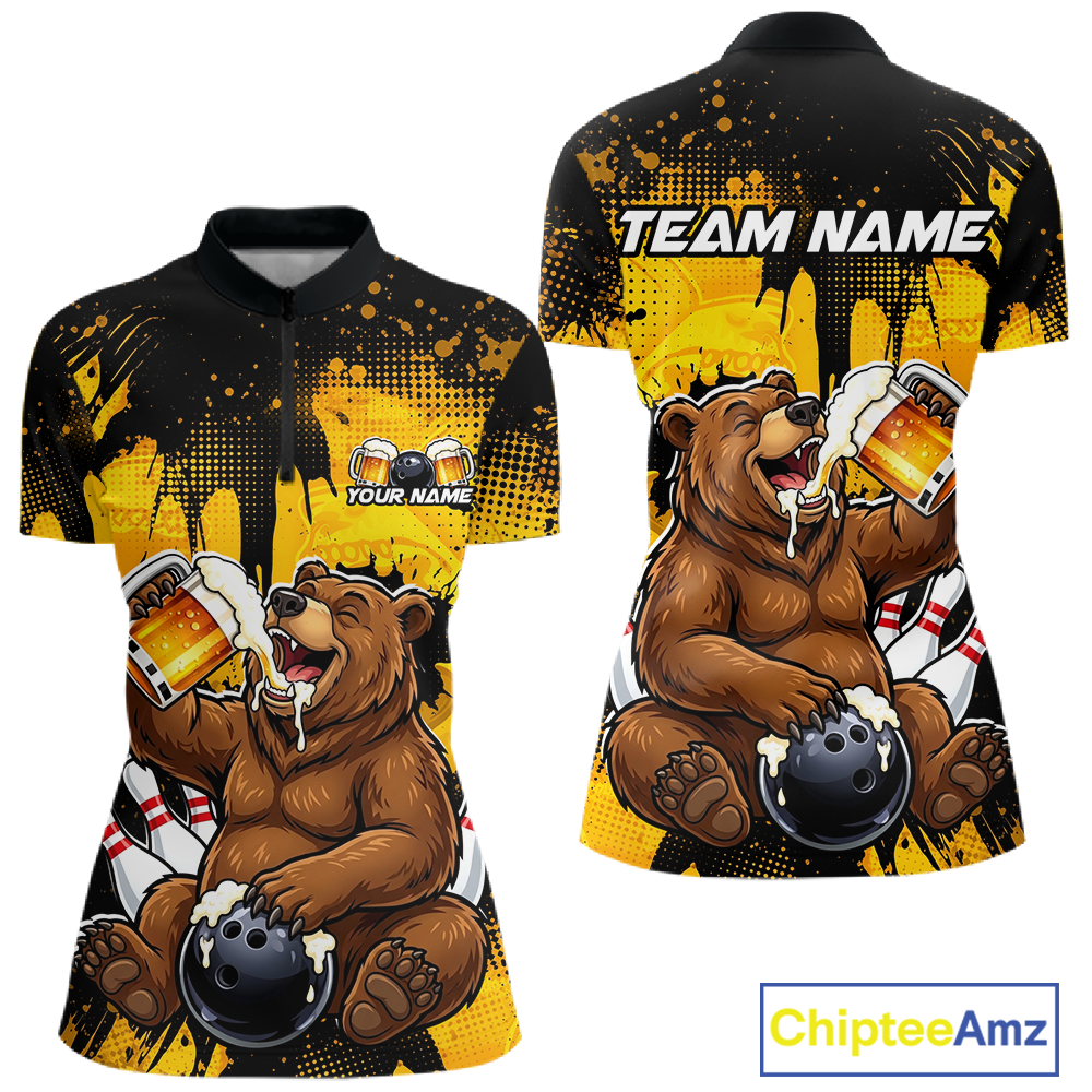 Custom Beer Bear Bowling Jersey for Women Bowling Team Shirts Bowling Polo & 1/4 Zip HNT265