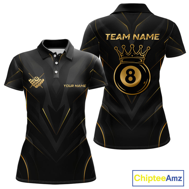 Black and gold polo shirt with 'Team Name' and 'Your Name' text, featuring a crown and number 8 design.