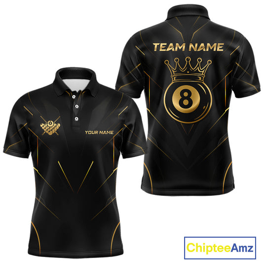 Black and gold polo shirt with customizable text on a white background