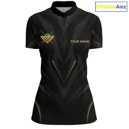 Black and gold polo shirt with a logo and text on a white background