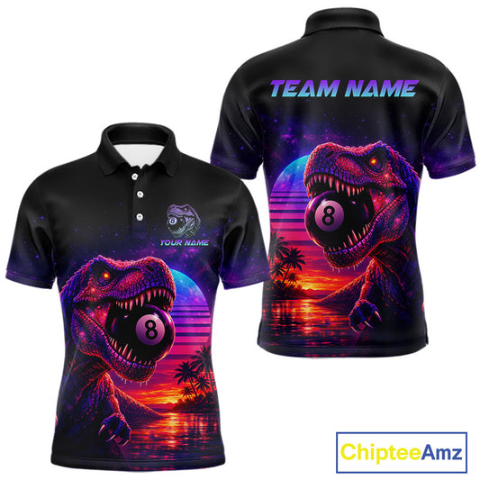Black polo shirt with dinosaur and pool ball design on front and back, featuring 'Chiptee Amz' branding.