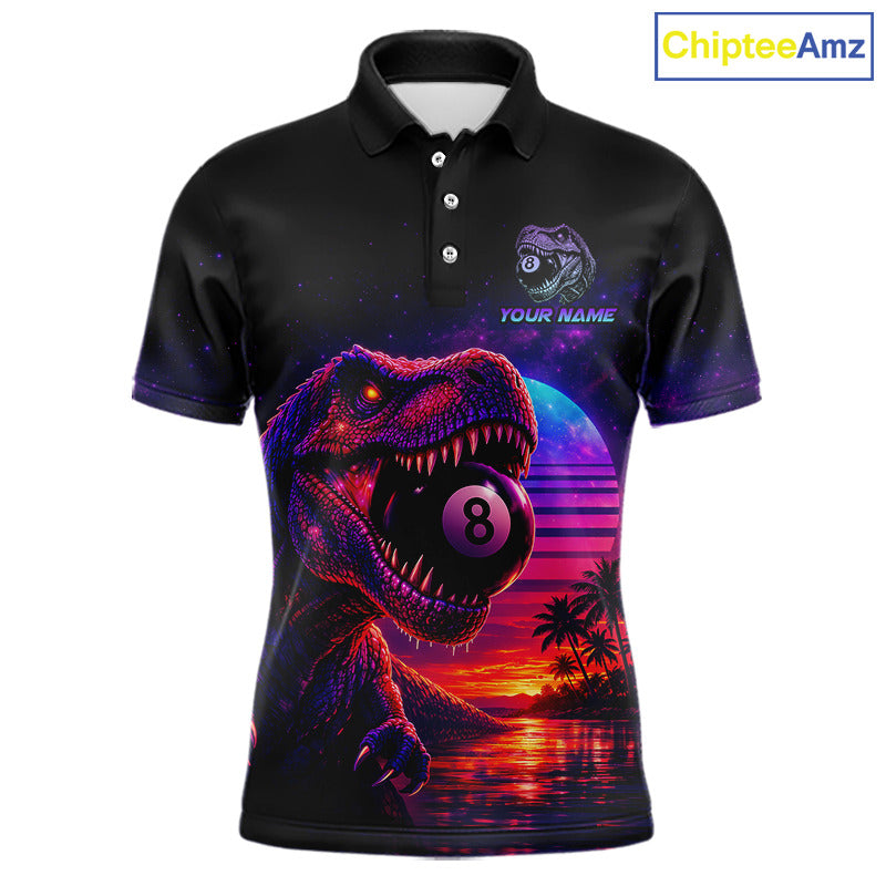 Black polo shirt with a dinosaur and pool ball design on a white background, featuring the brand 'Chiptee Amz'.