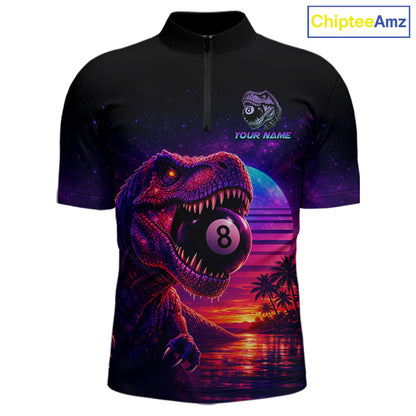 Black polo shirt with a dinosaur holding a pool ball design on a white background, featuring the brand 'Chiptee Amz'.