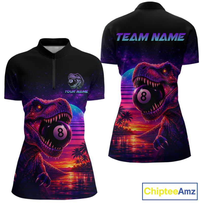 Black polo shirt with dinosaur and pool ball design on front and back, featuring 'Chiptee Amz' branding.