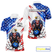 Load image into Gallery viewer, Bowling shirt with American flag design, eagle, and bowling elements on a white background.
