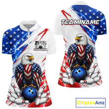 Load image into Gallery viewer, Bowling jersey with American flag design, eagle, and bowling elements on a white background.