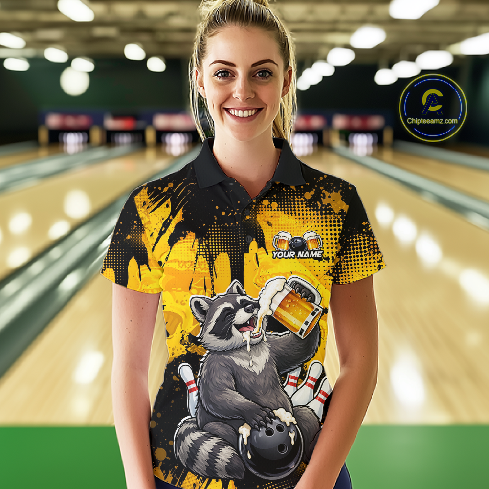 Custom Beer Raccoon Bowling Jersey for Women Bowling Polo & 1/4 Zip Bowling Team Shirts HNT270
