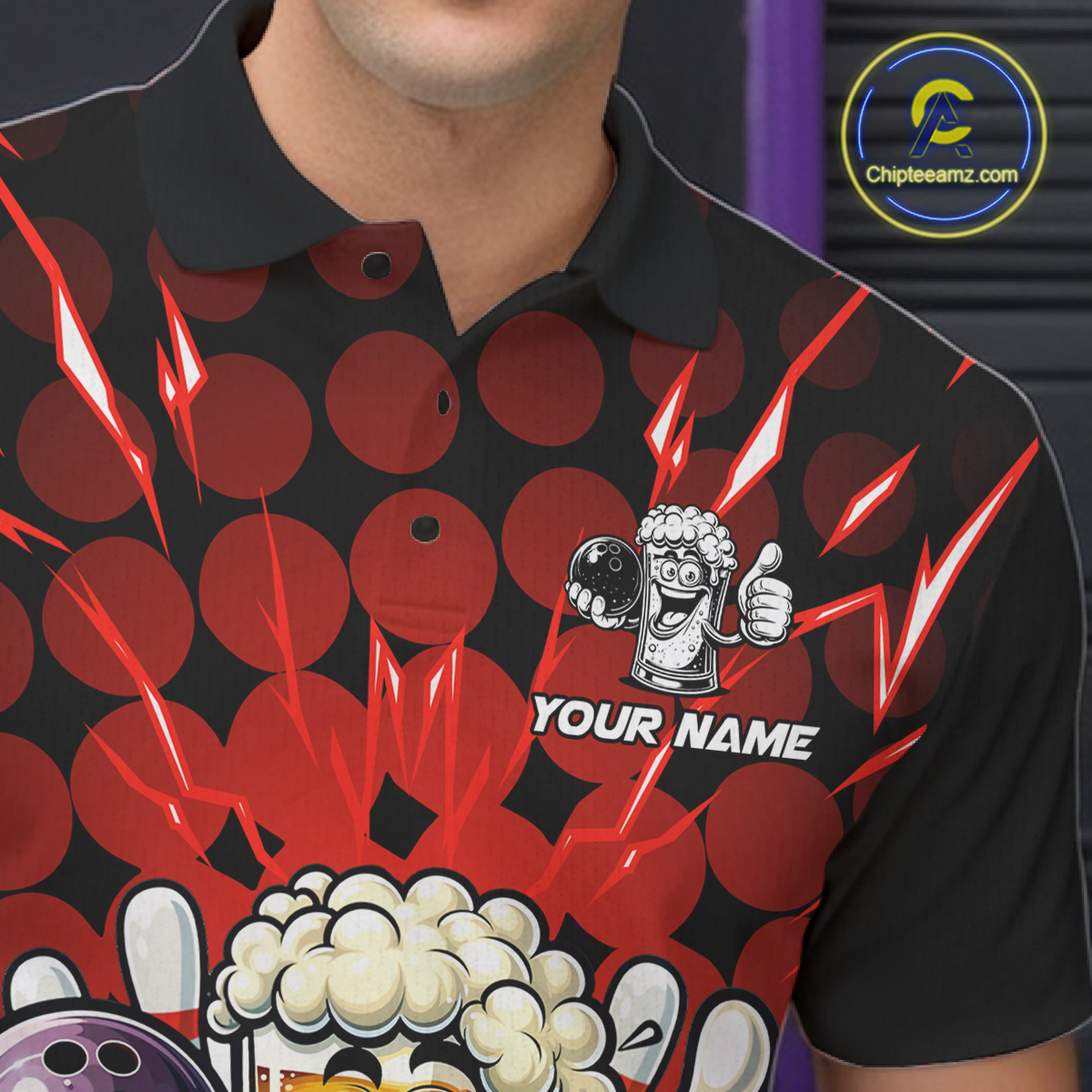 Custom Red Funny Beer Bowling Jersey for Men Bowling Team Shirts Polo & 1/4 Zip HNT187